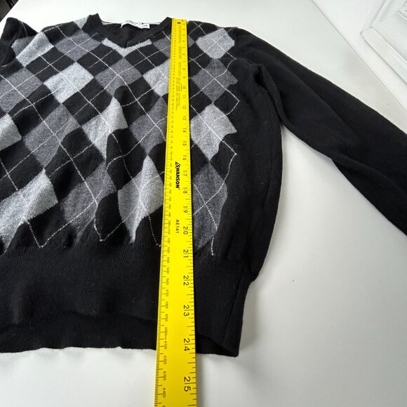 San Marco Sweater Mens M 100% Merino Wool Italy Black Grey Argyle V Neck Jumper - Picture 9 of 12